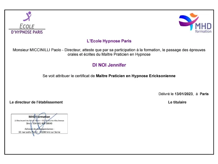 Certification Maître Praticien en Hypnose Ericksonienne - Jennifer DI NOI