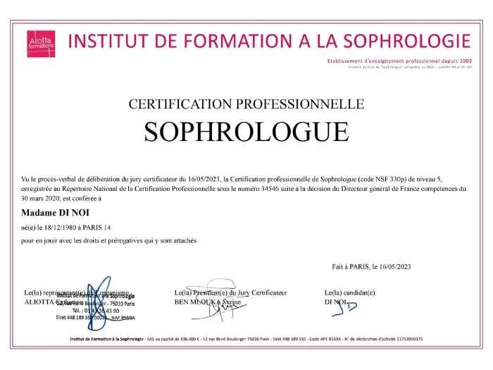 Certification professionnelle sophrologue - Jennifer DI NOI